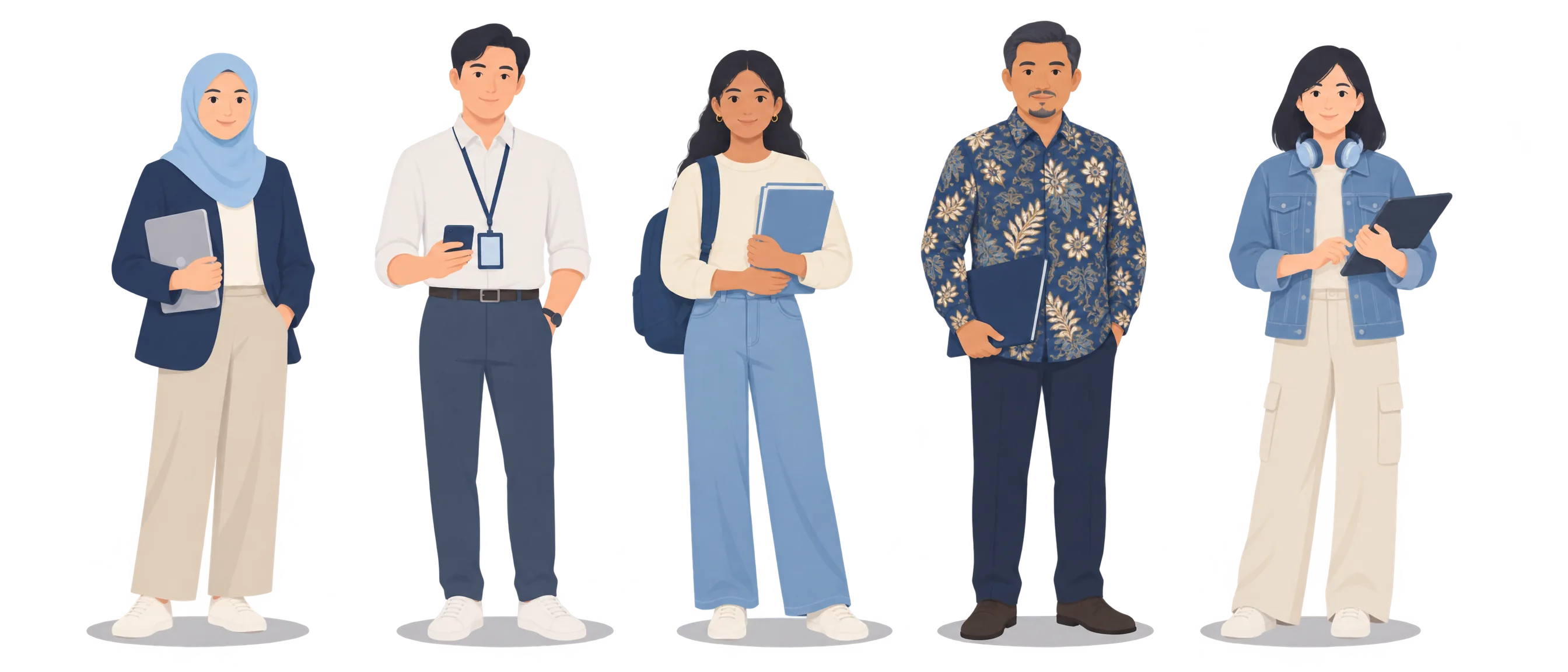 Illustration of five people KerjaSpot places: a stay-at-home parent with a laptop, an office worker with a lanyard, a final-year student with a backpack, a man between jobs holding a folder, and a freelancer with a tablet