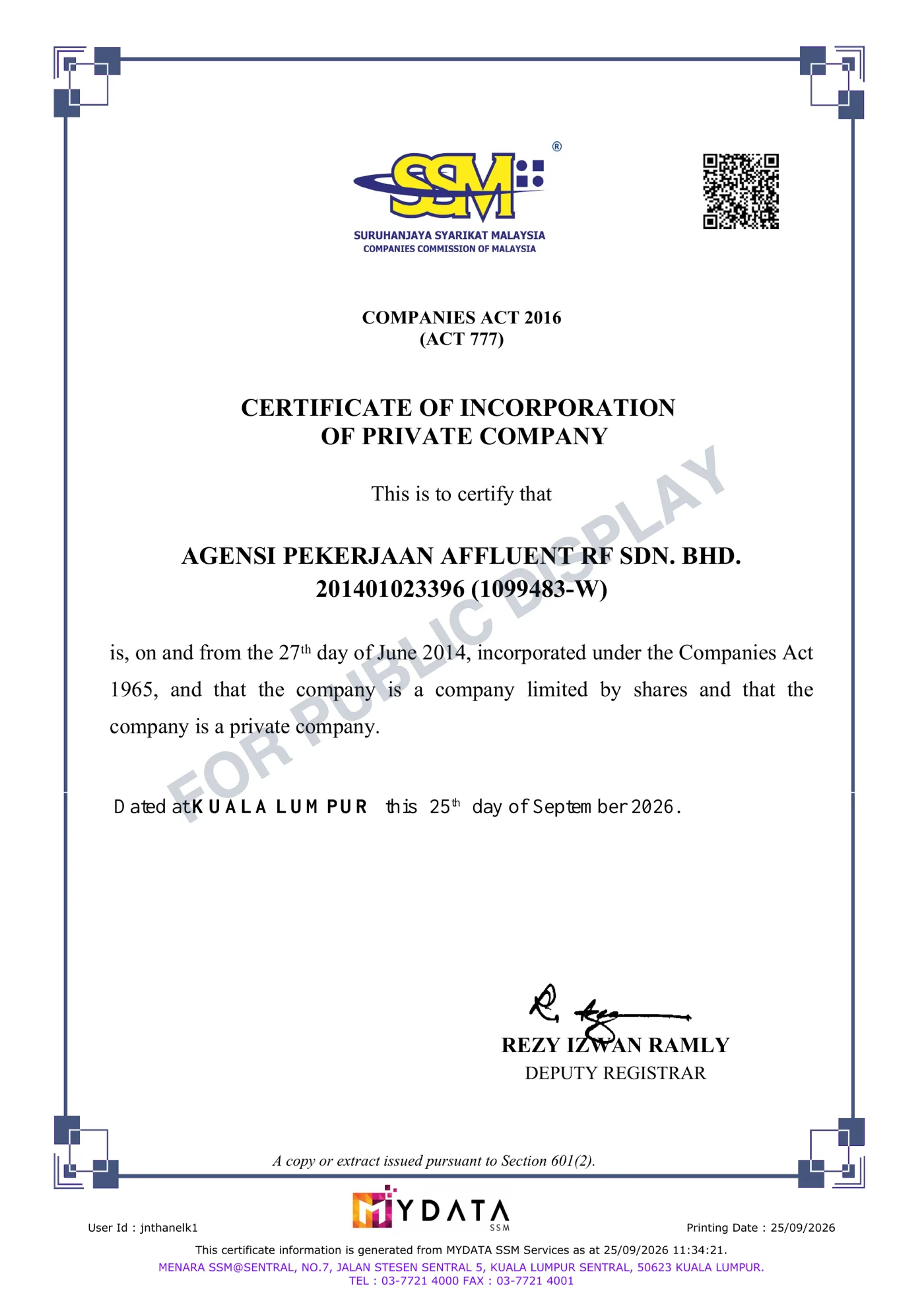 SSM Certificate of Incorporation for Agensi Pekerjaan Affluent RF Sdn. Bhd., company number 1099483-W